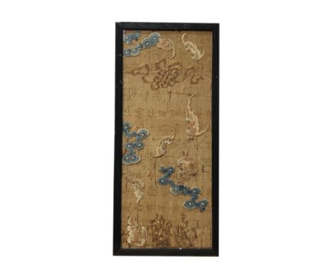 A Chinese silk embroidered panel, circa 1900, with calligraphy, stylised bats, clouds and gold metal thread designs, 27.5 x 6