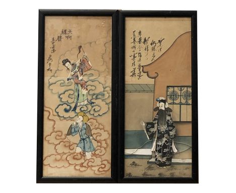 Two Chinese watercolours, 19th century, one of figures amongst the clouds and the other an emperor before a building, each wi