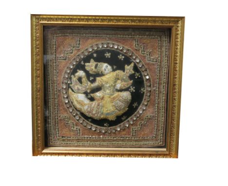 An Indian embroidered panel, with gold metal thread, framed and glazed, 33 x 33cm.