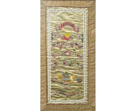 A Chinese silk embroidered panel, 20th century, with various scenes of children including holding a banner, fishing and rowin