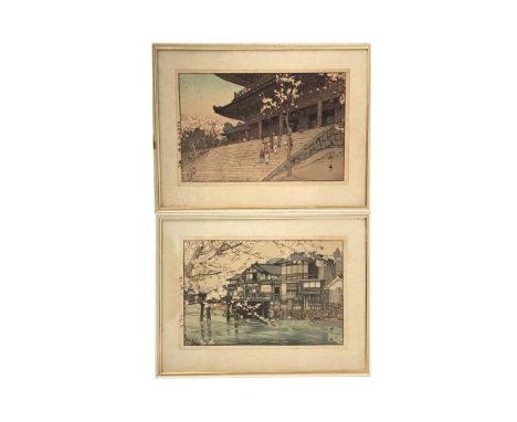 A pair of Japanese woodblock prints, early 20th century, framed and glazed, 26 x 39.5cm.  Condition report: Damage to glazed 