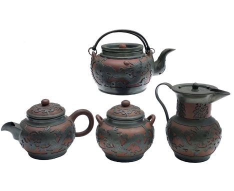 A Chinese Yixing and pewter four piece tea service, 20th century, each body applied with dragons, height 13cm, 