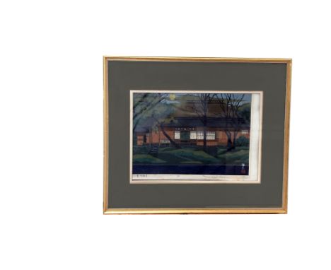 A Japanese woodblock print of a building and trees in the foreground, calligraphy and signed in pencil, red seal, framed and 