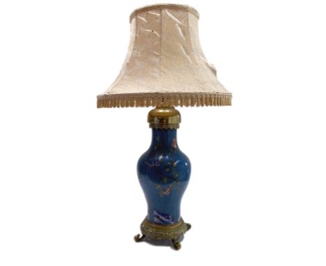 A Chinese cloisonne vase, 19th century, with European mounts, converted to a table lamp, the baluster blue ground body decora