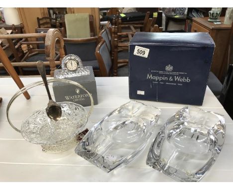 2 glass ashtrays marked 'Prometheus, Italy', Waterford crystal glass mantel clock &amp; a glass &amp; silver plate stand in M