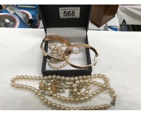 2 gold plated bangles &amp; 3 pearl necklaces
