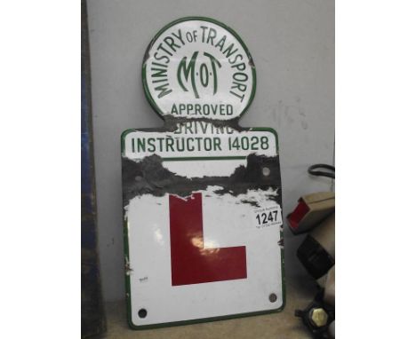 A ministry of transport driving instructor enamel 'L' plate sign