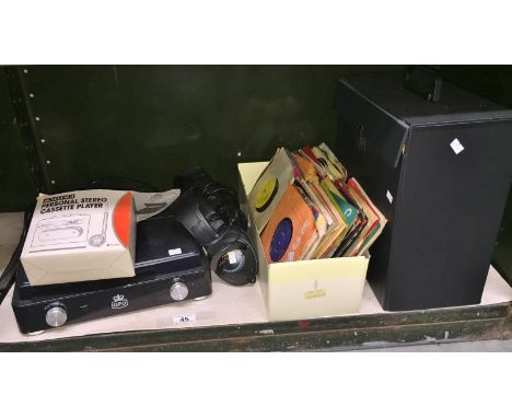 A GPO record player, a quantity of LP's, 45's, a Matsui personal cassette player and 2 sets of Ross digital headphones