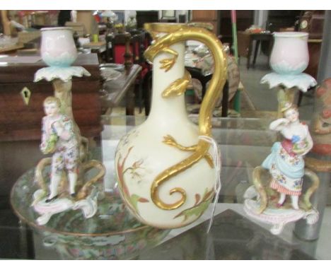 A Royal Worcester jug a/f and a pair of figural candlesticks.