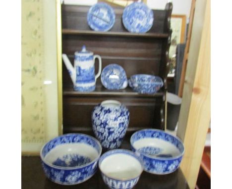 9 blue and white ceramic items including Spode coffee pot, pair of Mason's bowls, Prunus wood vase etc.,