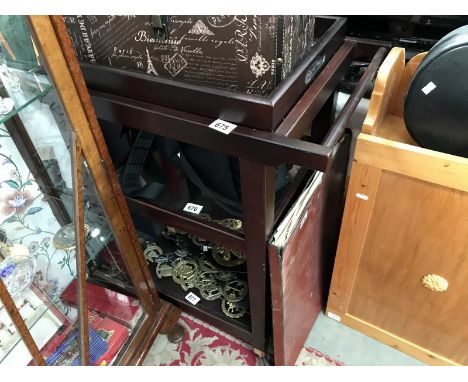 A dark wood 3 shelf trolley with top serving tray