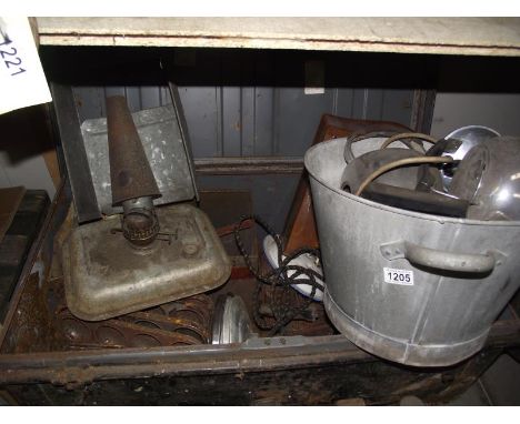 A large tin trunk of kitchenalia including pans, enamel, electric etc.