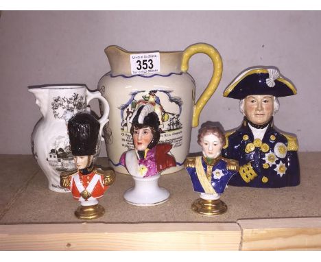 5 military themed items - Royal Doulton 'Sea Shanty jug' A/F, Wood &amp; Son Lord Nelson character jug, 2 Rudolf Kammer busts