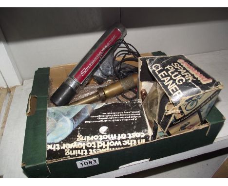 A sun timing light gunson colortune, spark plug cleaner and a brass grease gun
