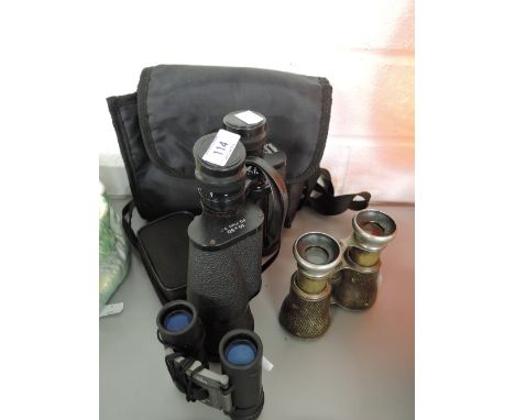 A selection of vintage binoculars Halina Discovery 10x50 and brass bodied pair