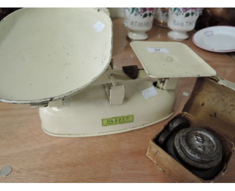 A set of Harper vintage enamelled kitchen scales and weights