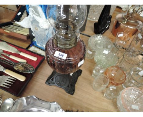 A cast based oil lamp with coloured glass well