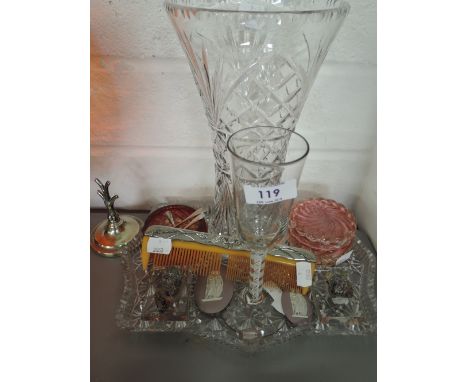 A selection of vintage dressing table items including pink glass lidded container