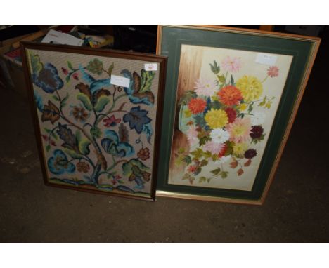 FRAMED PIECE OF EMBROIDERY OF A FLORAL DISPLAY AND FURTHER PICTURE OF FLOWERS IN LIGHT OAK FRAME
