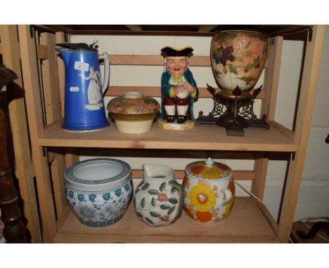 FURNIVALS CERAMIC OIL LAMP WITH METAL MOUNTS, A TOBY JUG AND A 19TH CENTURY JUG WITH CLASSICAL MAIDEN ETC