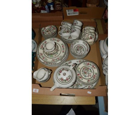 BOX CONTAINING QUANTITY OF INDIAN TREE TEA WARES BY JOHNSON BROS COMPRISING TEA POT, MILK JUG, SUGAR BOWL, DINNER PLATES, SID