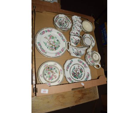 CROWN DUCAL INDIAN TREE TEA WARES INCLUDING TEA POT, CUPS AND SAUCERS, SUGAR BOWL AND SANDWICH PLATE ETC