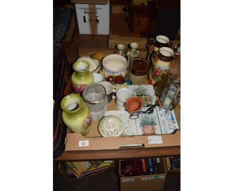 CERAMIC ITEMS INCLUDING PAIR OF VASES AND TILES AND CERAMIC CLOCK