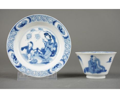 Chinese porcelain Blue and White cup and saucer with figures - Chenghua mark - Kangxi period 1622-1722 Cup=Height: 4cm, Diame