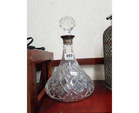 CUT GLASS DECANTER WITH SILVER COLLAR 