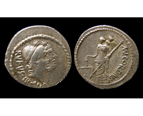 Republican Silver Denarius MN. Cords RufusObverse: Conjoined heads of the Dioscuri right wearing pilei surmounted by stars, R