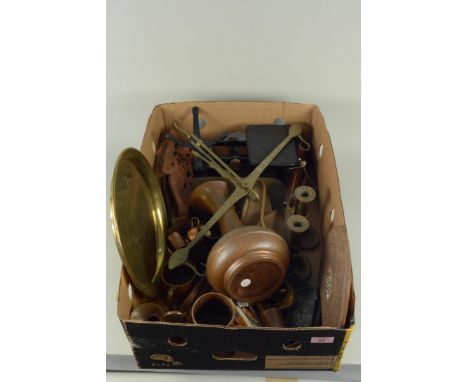 Various items of metal ware including brass and copper, a set of scales with weights etc