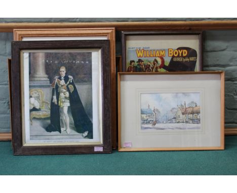 A framed advertising poster for Austin Reed, a framed portrait of King Edward VIII, an oil on board of the sailing/steam ship