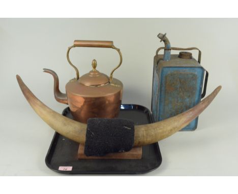 A seamed copper kettle plus a vintage 'Valor' oil or paraffin can and a set of cow horns