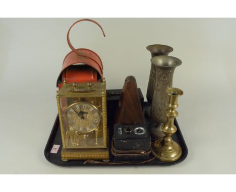 A mixed lot including a paraffin road works lamp in original paint, a pair of inlaid Indian vases, a metronome, two box camer