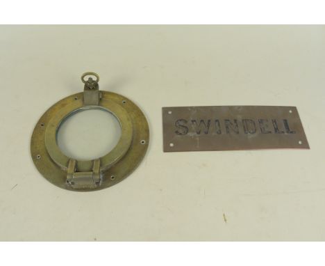 A vintage small brass porthole, glass 12mm dia plus a brass plaque
