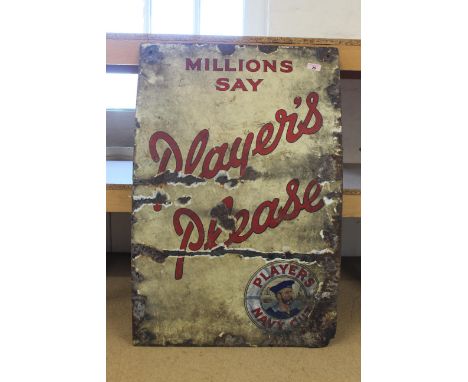 A weathered enamel sign for Players Please Cigarettes, 87cm x 57cm