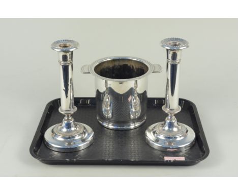 A silver plated pair of candlesticks plus an EPNS wine cooler