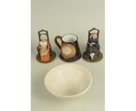 Four Great Yarmouth pottery mugs plus a vintage pair of wood nodding figures, salad bowl with servers, blue jasper biscuit ba