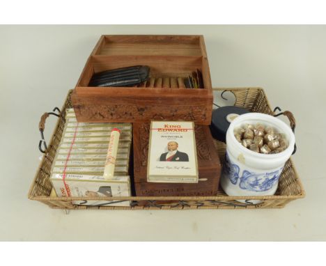 A part wooden box of Willem II cigars plus a ceramic blue jar full of cigars and sixteen packets of King Edward Invincible De