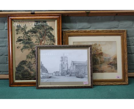 A maple framed 19th Century watercolour of a tree study, a 19th Century framed watercolour river scene with figures plus a fr
