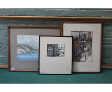 Two watercolours of a boat and seascape plus a black print by R H Marlow