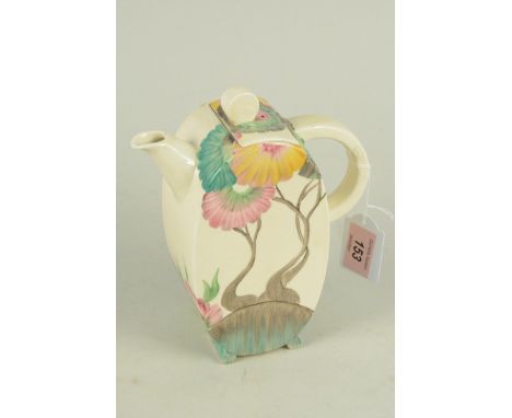 A Clarice Cliff Rhodanthe pattern coffee pot by Wilkinson Ltd (small glazing fault to handle), 19cm tall