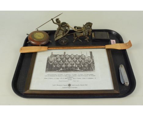 A mixed lot to include a framed copy photo of WWII soldiers, cased Zippo Old Holborn lighter, penknife etc