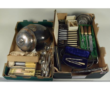 Two boxes of mixed vintage silver plated wares to include cased sets, Mappin &amp; Webb waiter, carving and fish sets, tureen