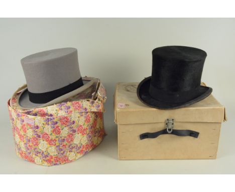 A grey top hat by Lock &amp; Co London plus a top hat by Fox &amp; Sons York in a vintage Dunn &amp; Co box