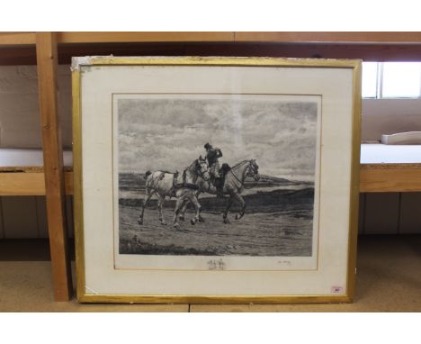 A framed black and white print of a horseman with two horses after Meissonier, printed in France in 1896, 45cm x 57cm