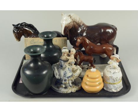 Two ceramic dray horses plus a mare and foal, a pair of Langley pottery green glaze vases etc and a John Player &amp; Sons ci