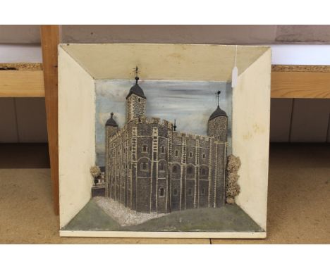 An unusual vintage wood constructed 3D effect diorama of the White Tower at the Tower of London, total size 52cm x 48cm (age 