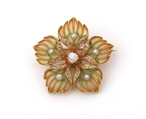 An 18 karat gold plique à jour diamond and pearl Art Nouveau flower brooch. Elaborated with green and pink enamel. Featuring 