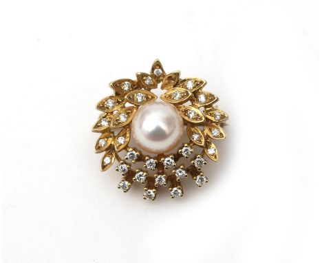 A 14 karat gold pearl and diamond brooch. A fine lustre cultured saltwater pearl in a diamond surround of brilliant cut diamo